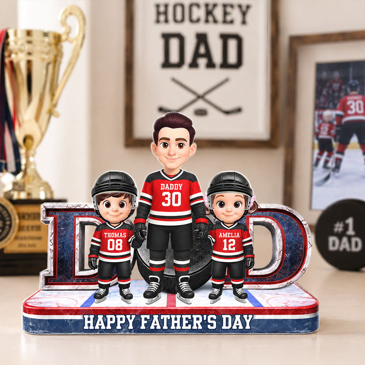 Hockey Dad And Kids Together Front View - Personalized Acrylic Block Plaque - Father's Day Gift For Dad, Husband