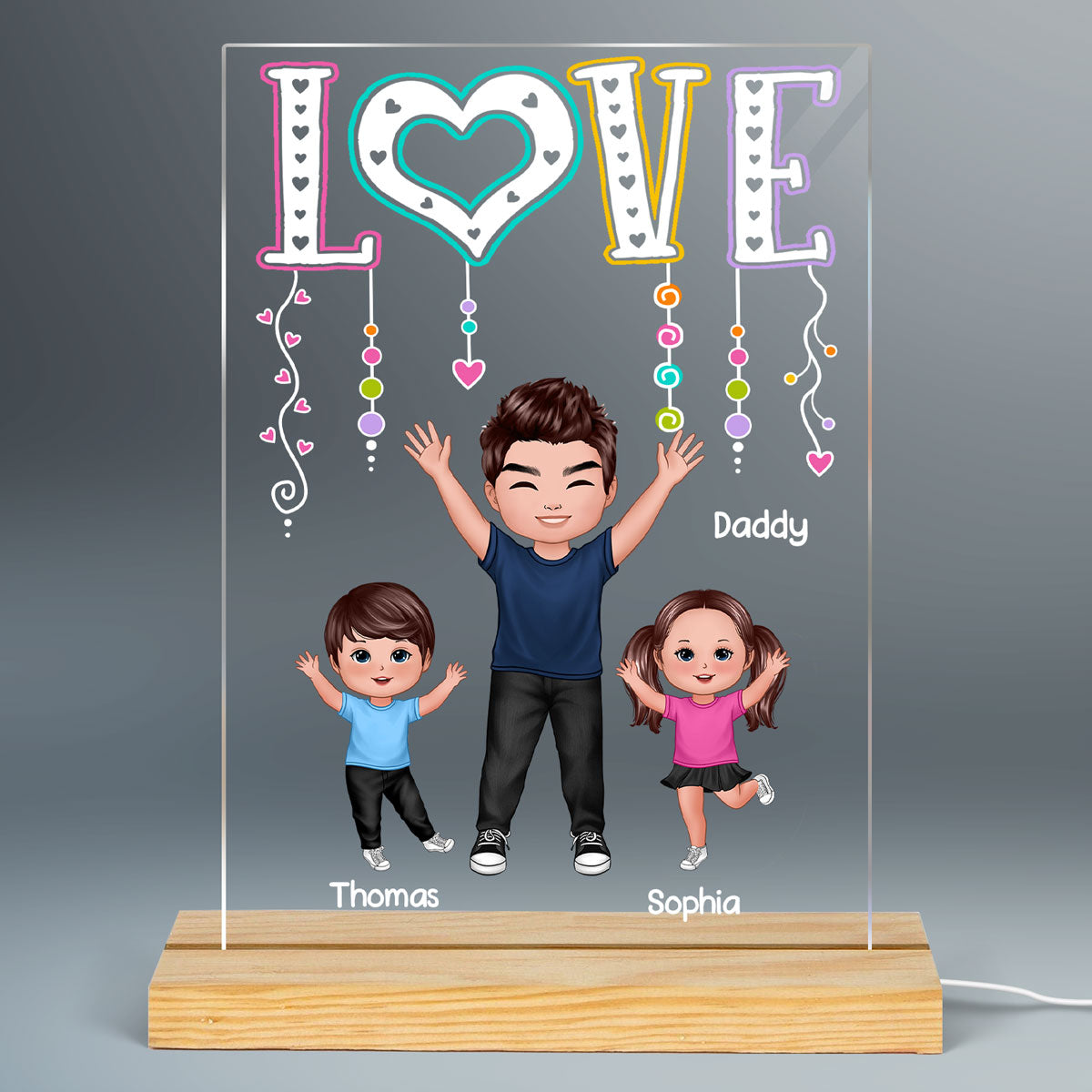 LOVE Happy Doll Dad Grandpa With Kids Personalized Rectangle Acrylic Plaque LED Night Light