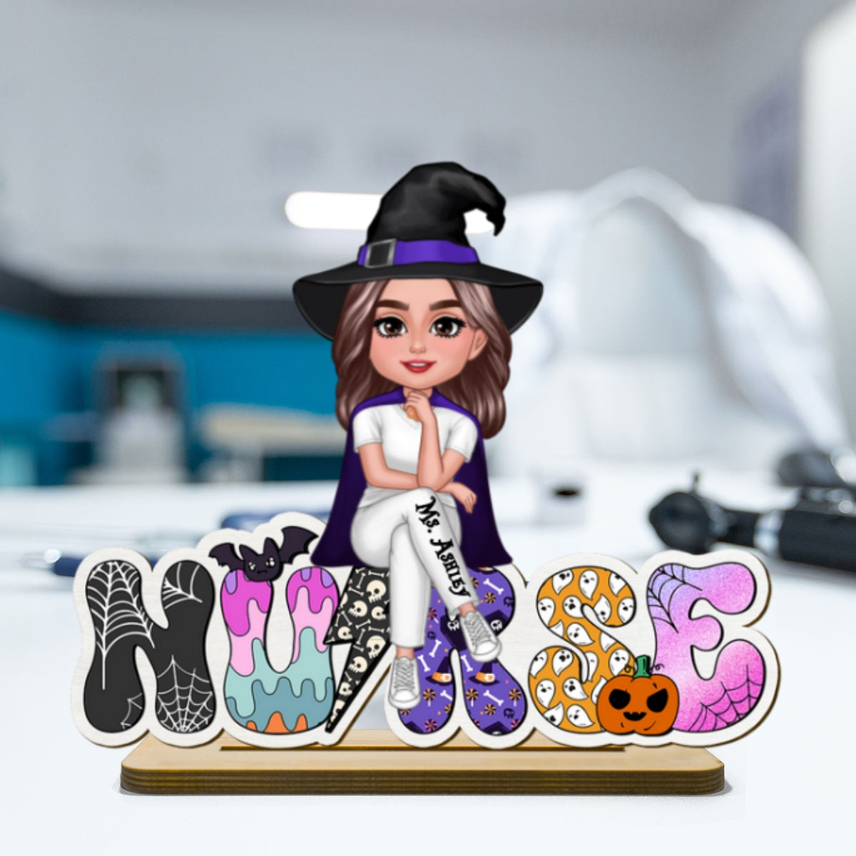 Nurse Sitting Halloween Pattern Personalized Standing Wooden Plaque