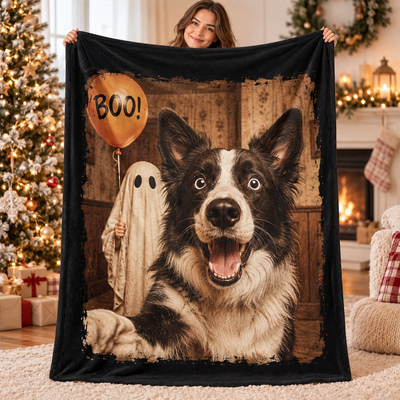 Custom Dog Cat Photo Halloween - Personalized Fleece Blanket - Trendy Vintage Spooky Tee for Pet Moms
