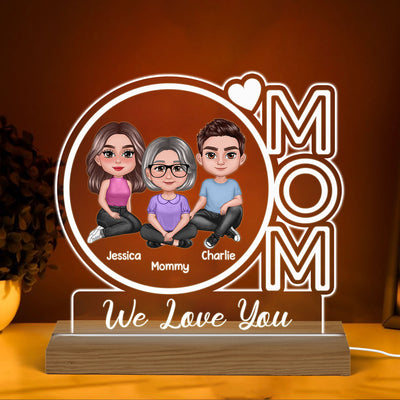 Mom We Love You Pretty Woman & Children Personalized Custom Shape Acrylic Plaque With Warm LED Night Light