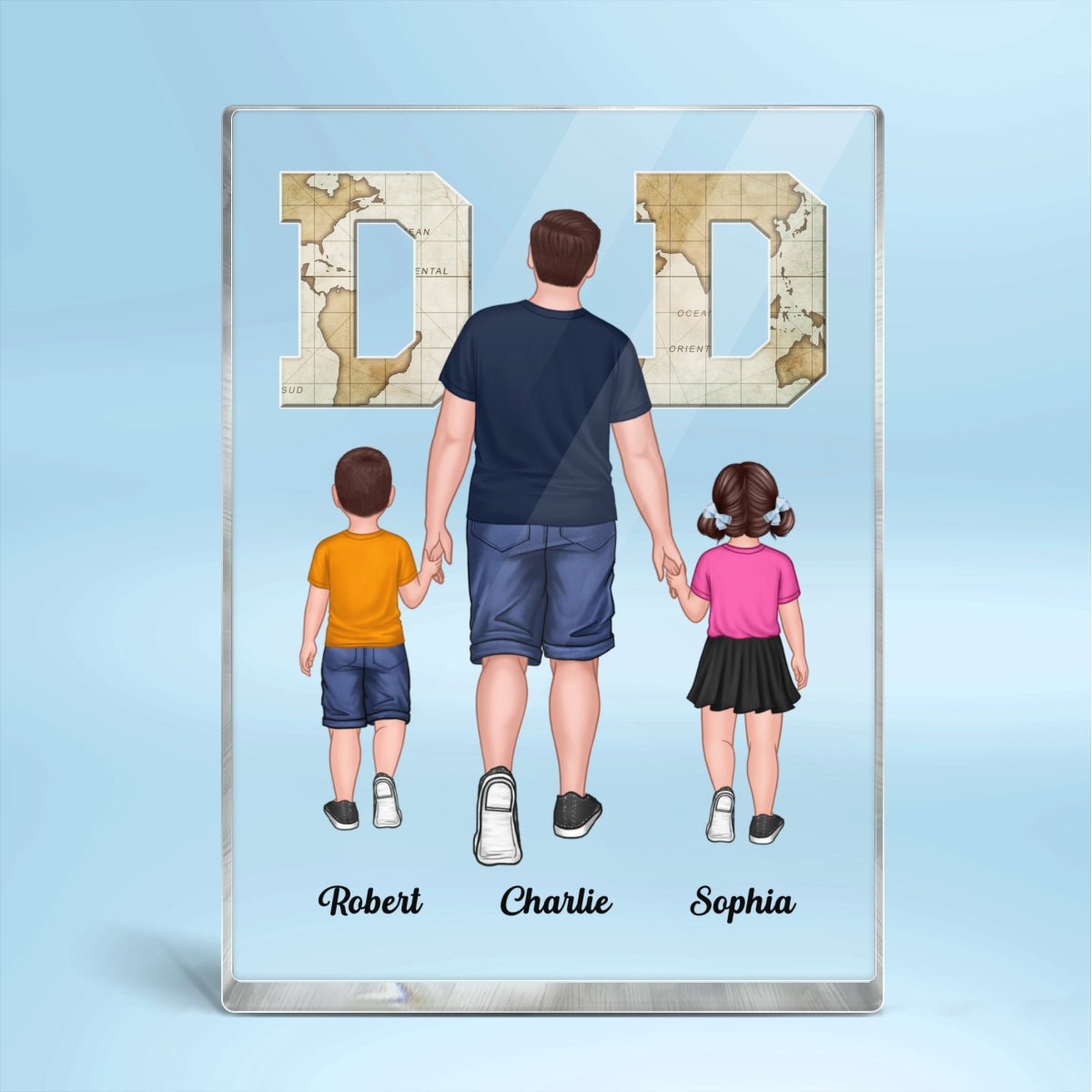 Walking Dad And Kids World Map Text Personalized Acrylic Block Plaque