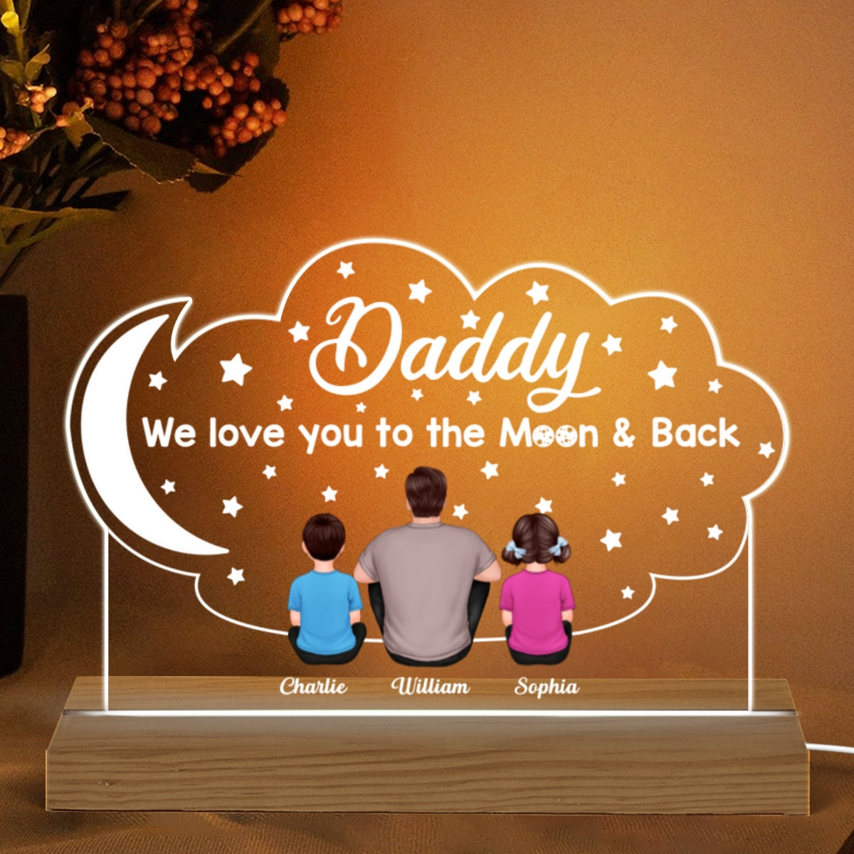 Love Dad To The Moon And Back Moon Star Personalized Custom Shape Warm LED Night Light