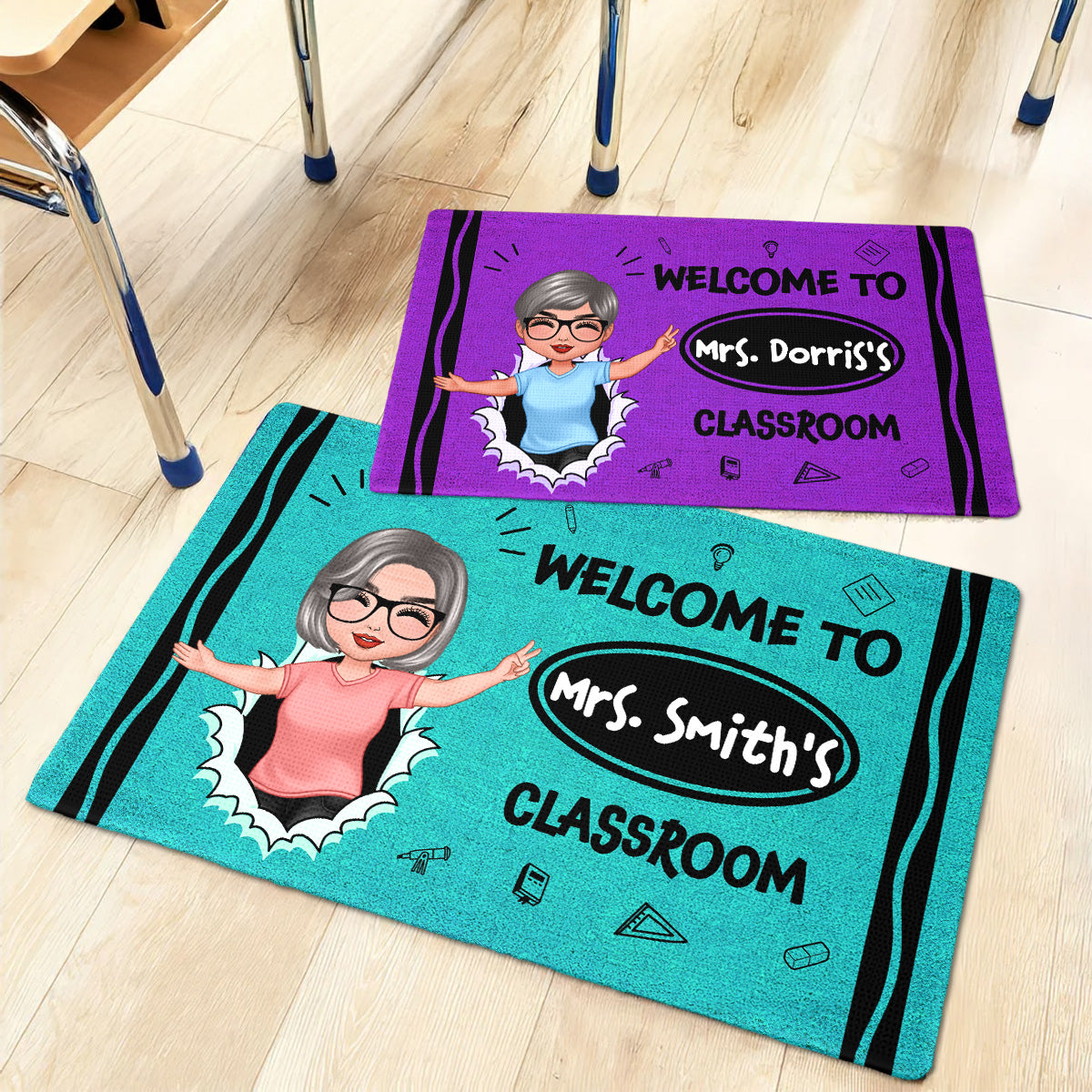 Welcome To My Class Happy Teacher Crayon Theme Personalized Doormat, Classroom Decor
