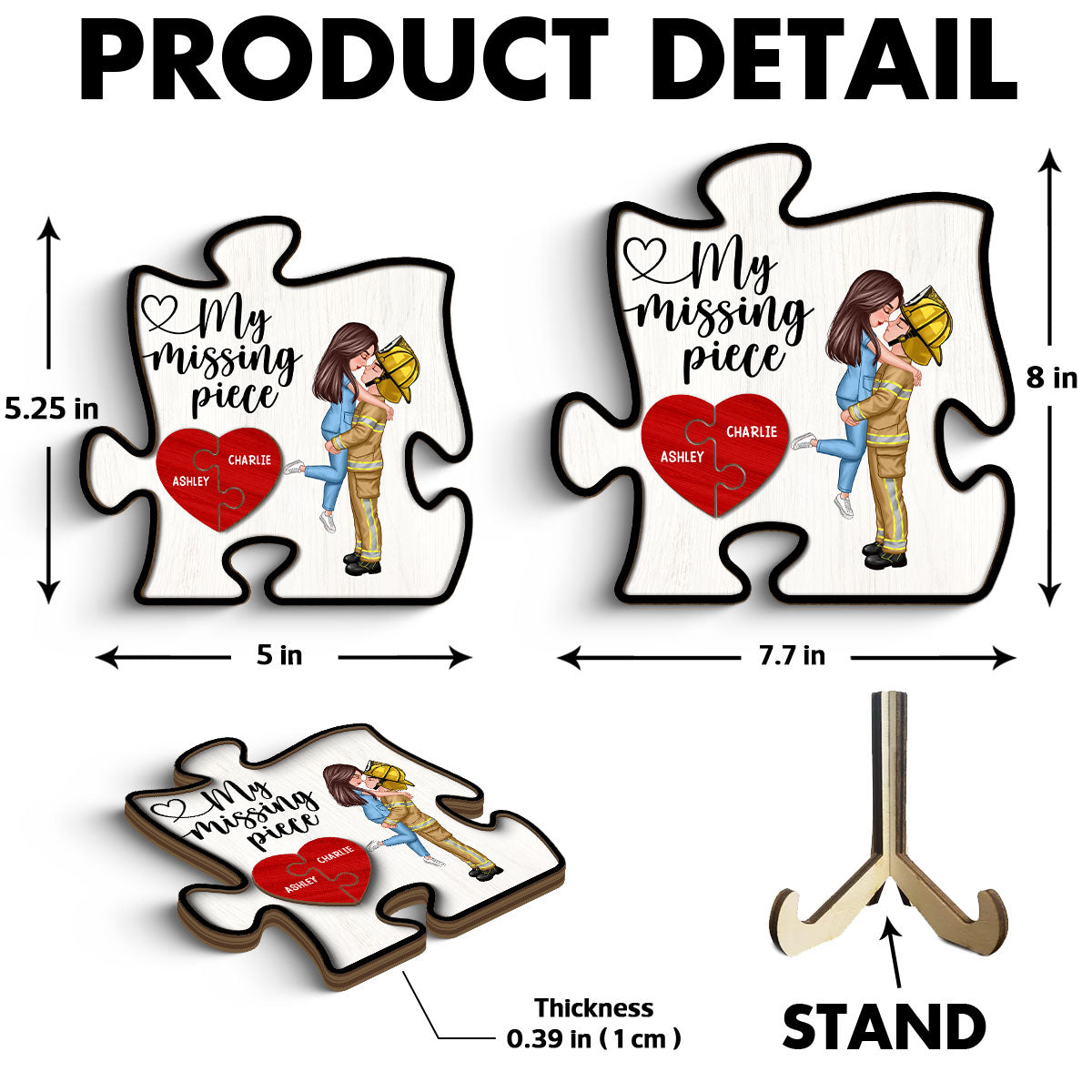 My Missing Piece Couple Hugging Kissing Valentine‘s Day Gifts by Occupation Gift For Her Gift For Him Firefighter, Nurse, Police Officer Personalized Puzzle Shaped 2-Layer Wooden Plaque