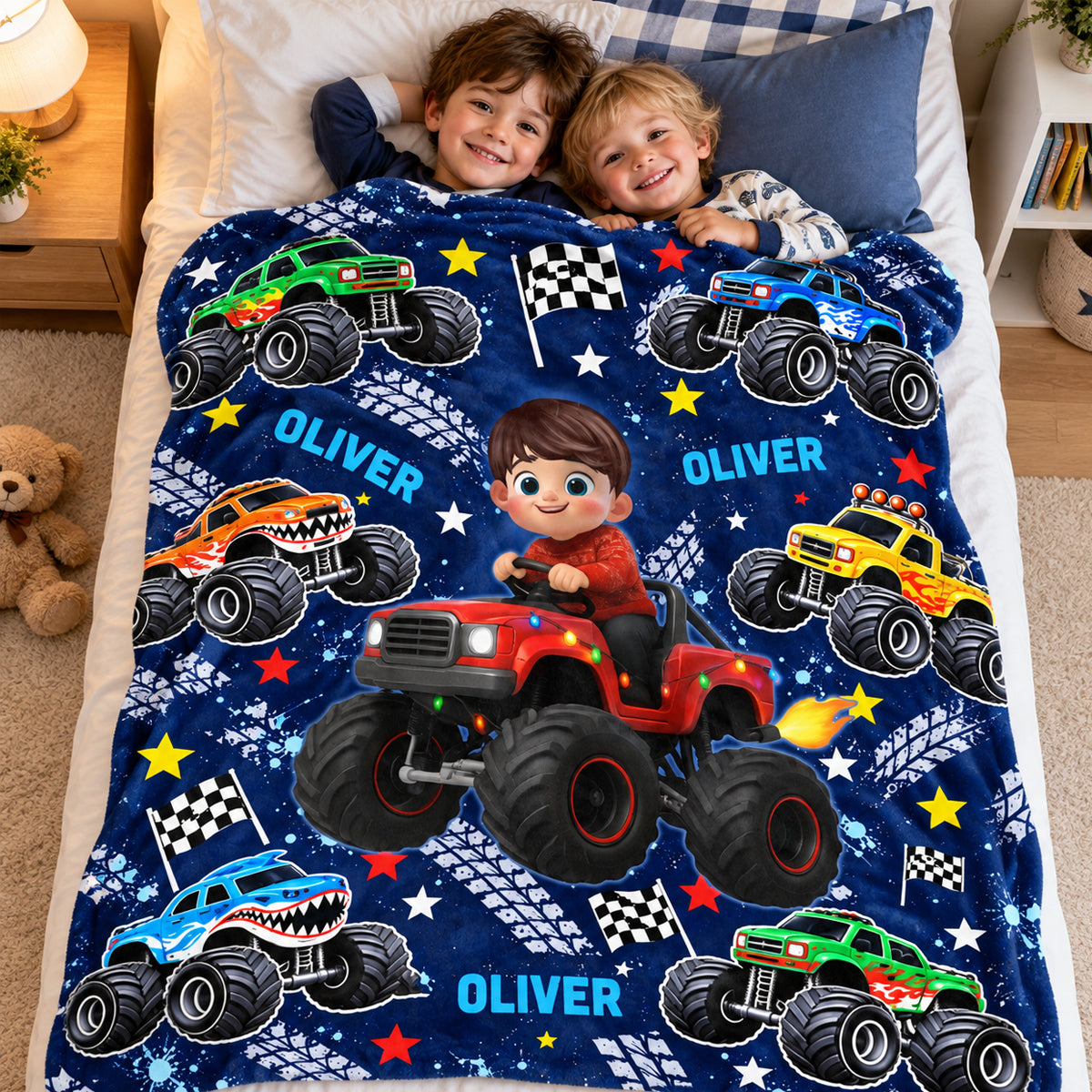 Kid Driving Monster Truck - Personalized Fleece Blanket - Gift For Kid Who Loves Monster Truck, Toddler Blanket for Boys