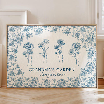 Vintage Blue Floral Pattern Grandma's Garden Personalized Poster
