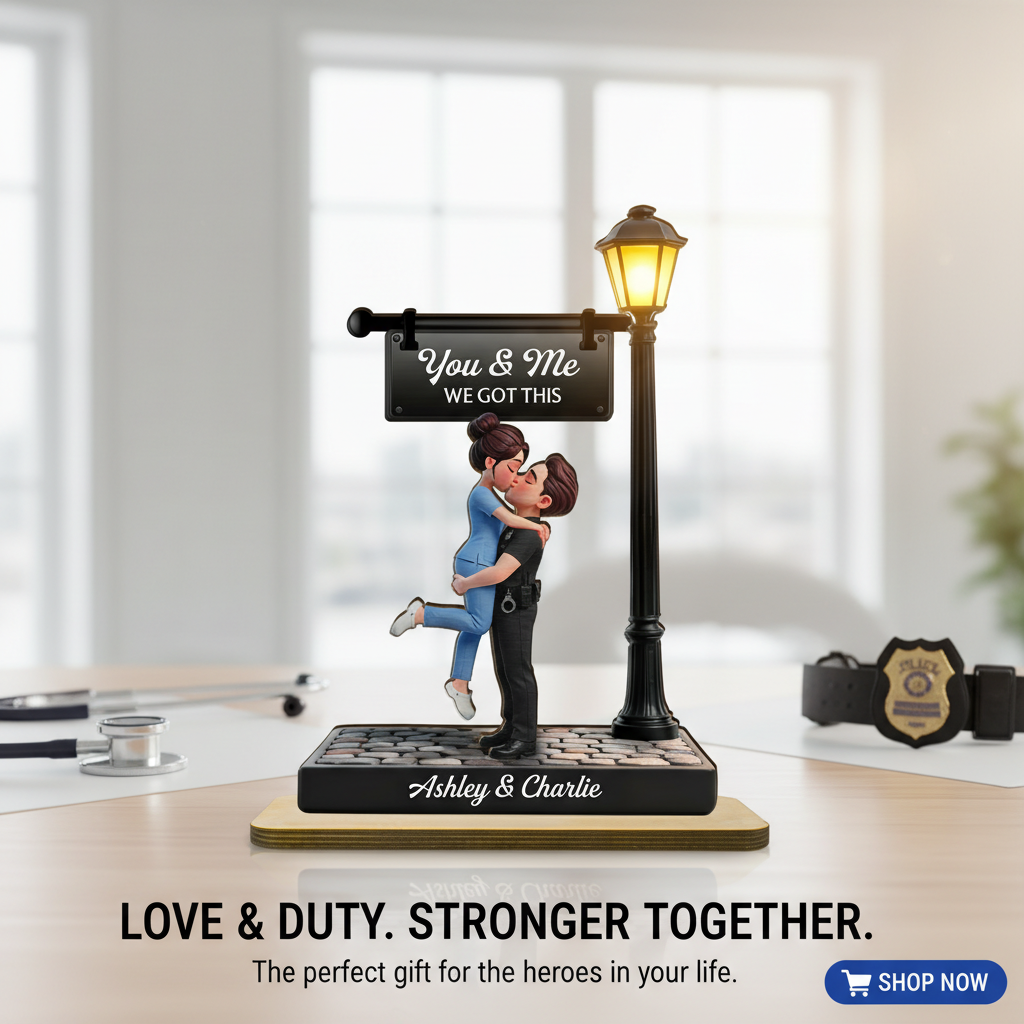 Proud Hero Couple Under Lamp Post - Personalized 2-Layered Wooden Plaque - Valentine's Day Gift For Couple, For Him, For Her, Nurse, Police, Firefighter, Army