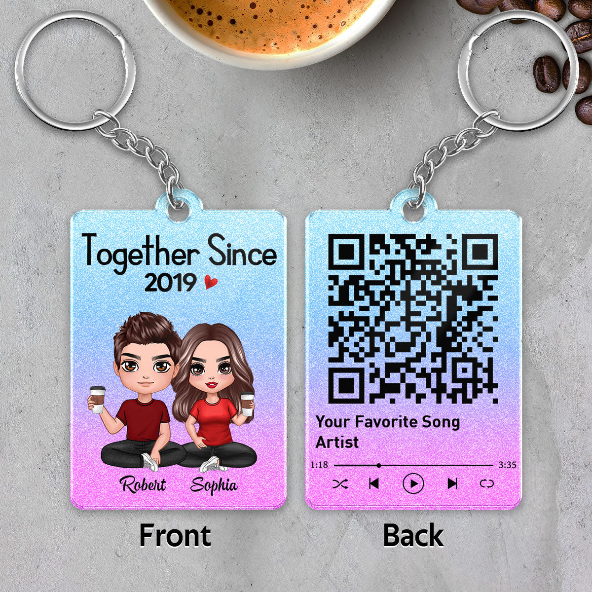 Doll Couple Sitting Together Glitter Effect Favorite Song Scannable QR Code Personalized Acrylic Keychain [Not Real Glitter]
