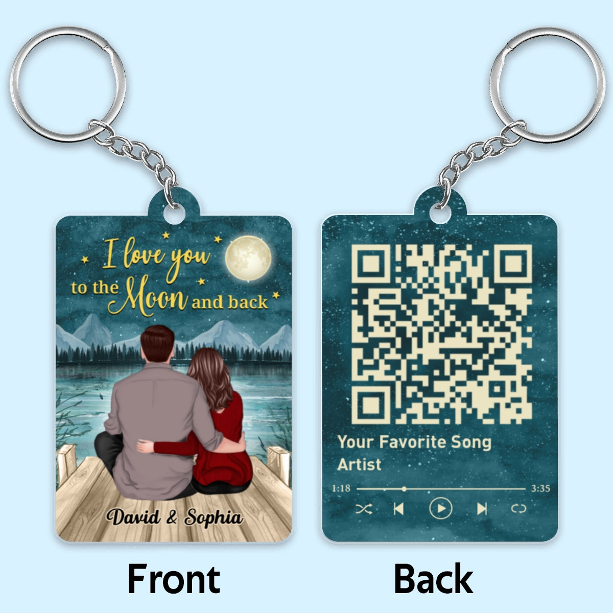 Back View Couple Sitting On Bridge I Love You To The Moon And Back Favorite Song Scannable QR Code Personalized Acrylic Keychain