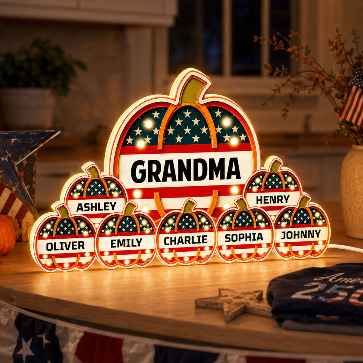 Trending Patriotic Grandma Little Pumpkins - Personalized Light Box - Fall Season Gift For Grandma, Mom