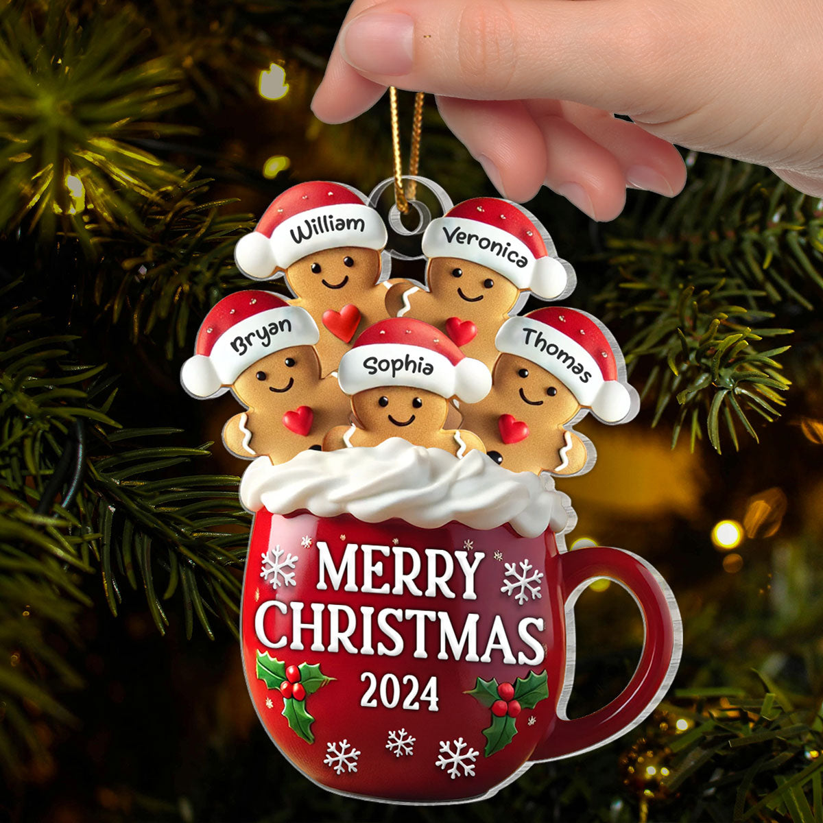 3D Effect Gingerbread Family In Hot Cocoa Christmas Decor Personalized Acrylic Ornament