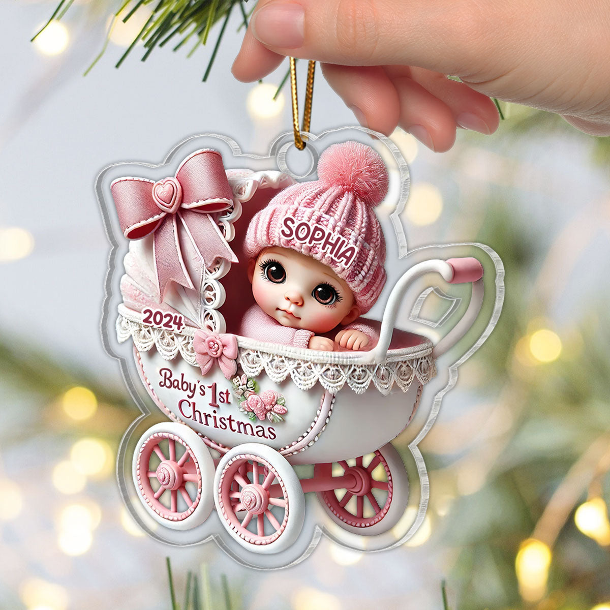 3D Effect Newborn Baby In Carriage Christmas Personalized Acrylic Ornament, Christmas Gift For Newborns, New Parents