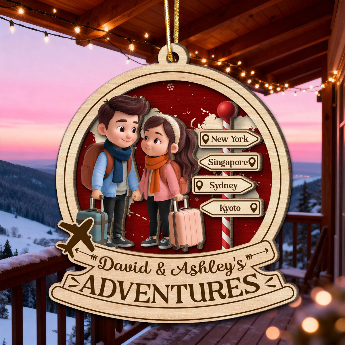 Travel Destination Ornament For Adventure Couple - Personalized Wooden Ornament - Christmas Gift For Him, For Her
