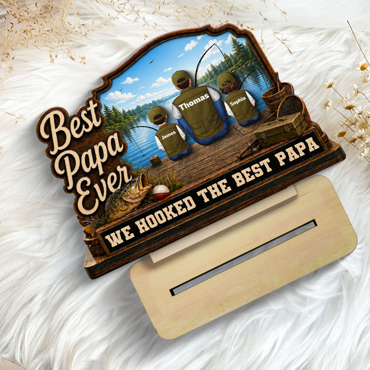 We Hooked The Best Dad Papa Fishing Man & Kids Back View 2D Flat - Personalized 2-Layered Wooden Plaque - Father's Day Gift For Hunting Dad, Grandpa
