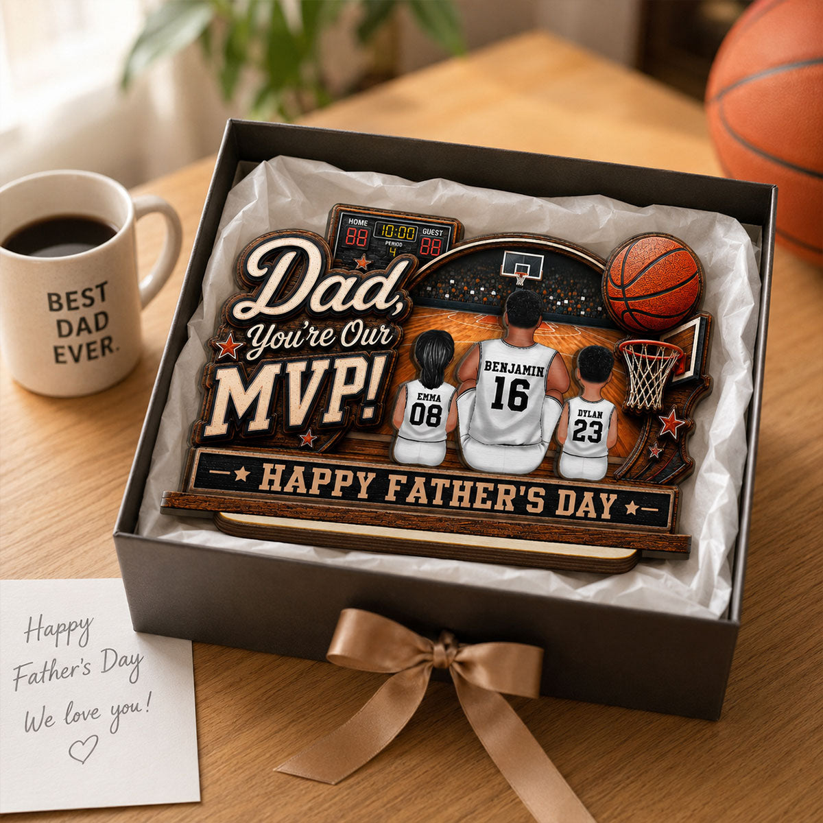 Dad You Are Our MVP Sitting Basketball Man & Kids 2D Flat - Personalized 2-Layered Wooden Plaque - Father's Day Gift For Basketball Dad