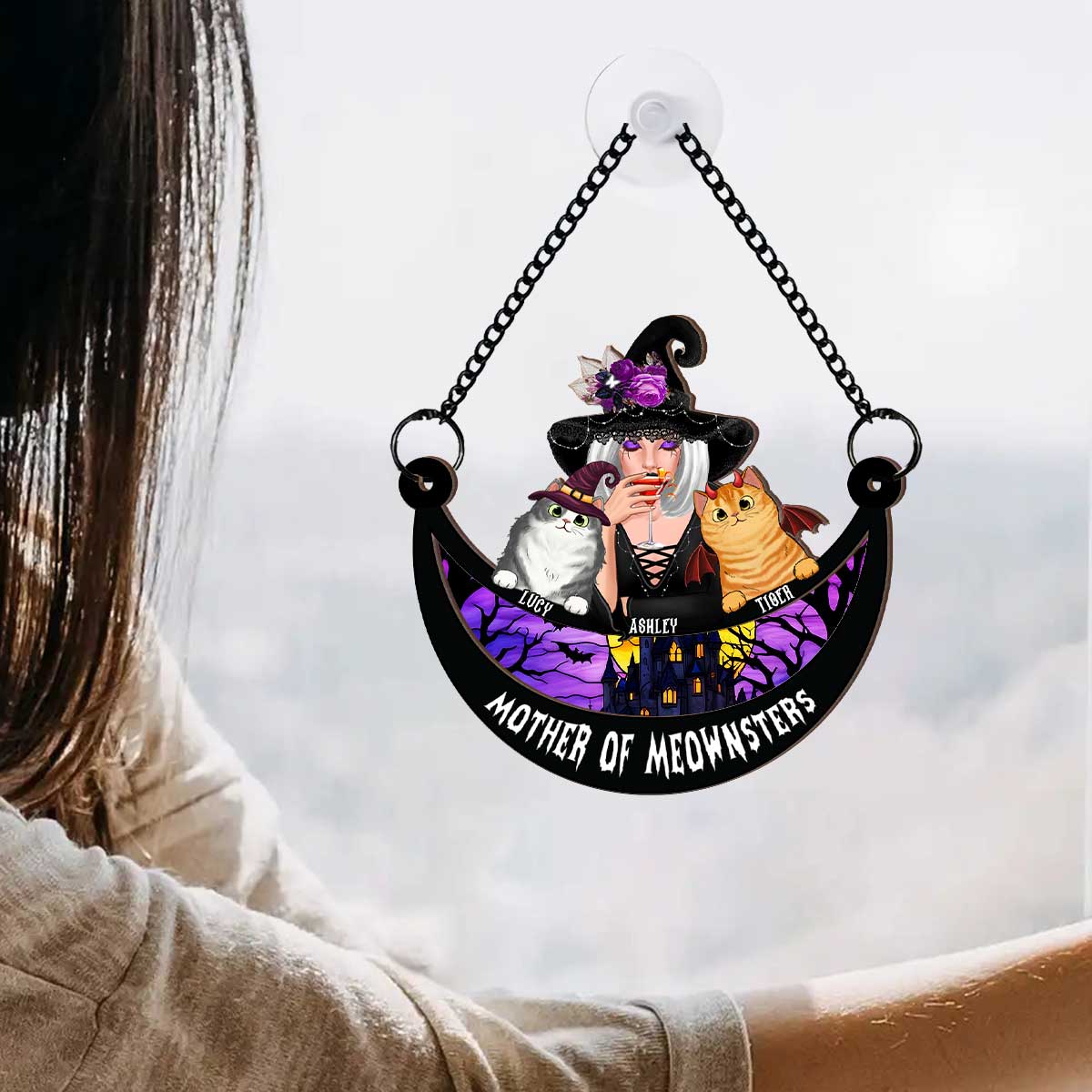 Wicked Cat Mom Stained Glass Moon Personalized Suncatchers, Halloween Decor For Cat Lovers