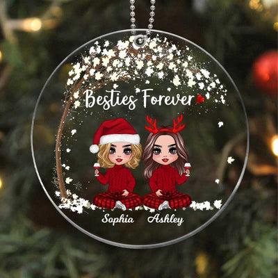 Doll Besties Sisters Sitting Under Tree Christmas Personalized Acrylic Ornament