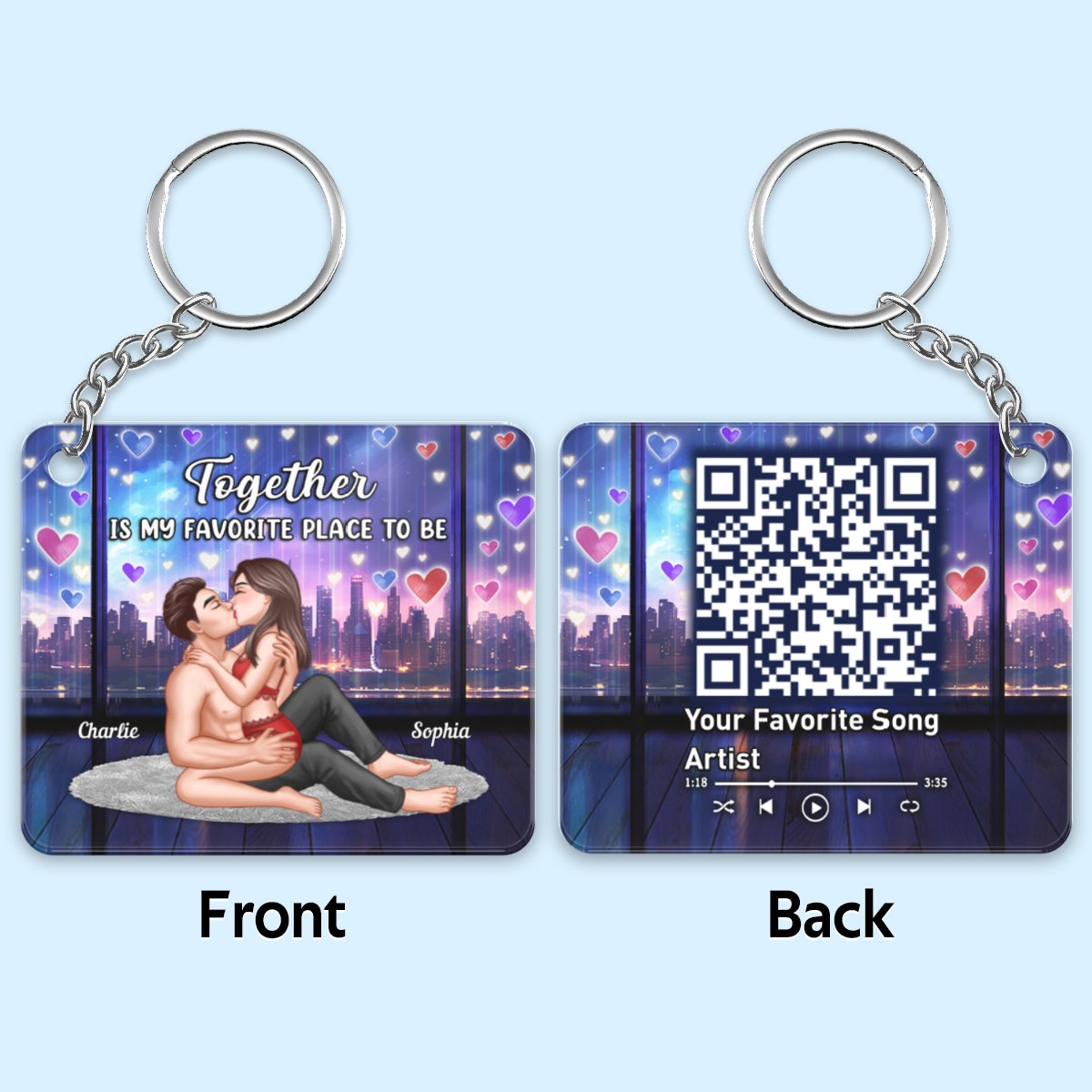 Sexy Couple Kissing City Night Window Favorite Song QR Code Personalized Acrylic Keychain