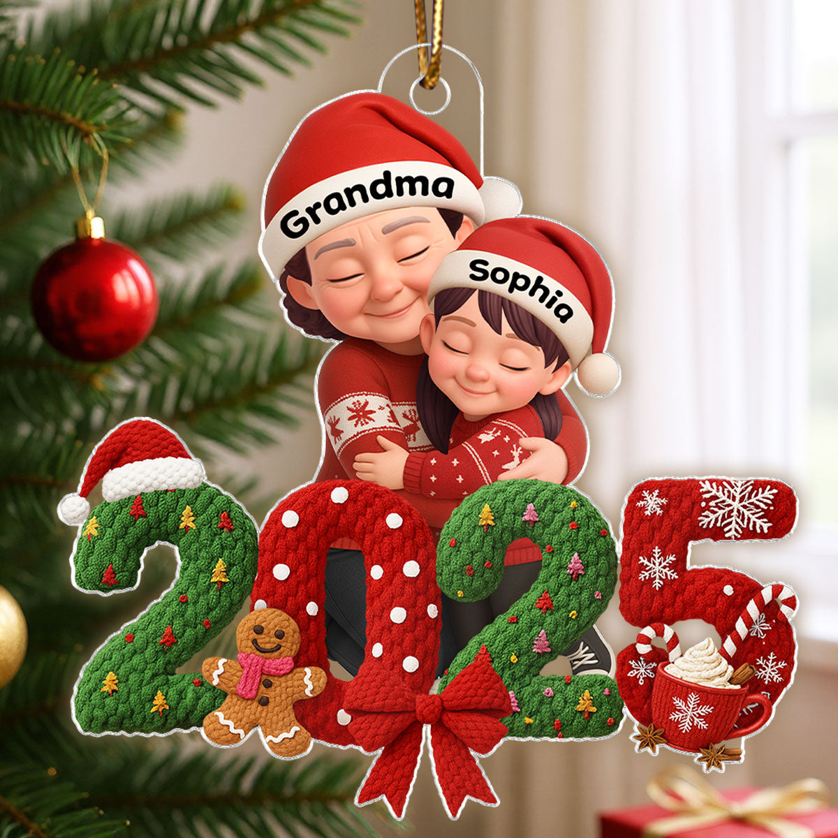 Grandma Hugging Grandkid 2025 Latch Hook Yarn Faux - Personalized Acrylic Ornament - Heartfelt Christmas Gift for Grandma, Grandkids