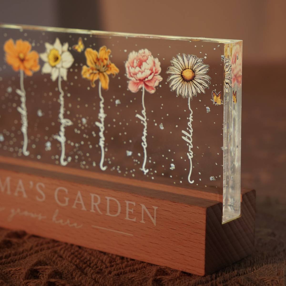 Grandma‘s Garden Birth Month Flowers - Personalized Acrylic Block Plaque LED Night Light - Heartfelt Gift For Grandma