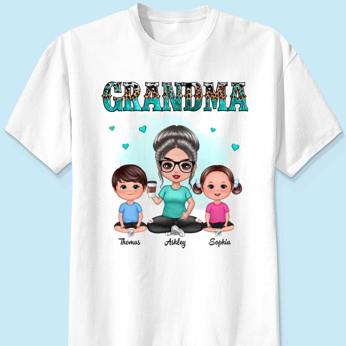 Teal And Leopard Doll Grandma And Grandkids Sitting Personalized Shirt