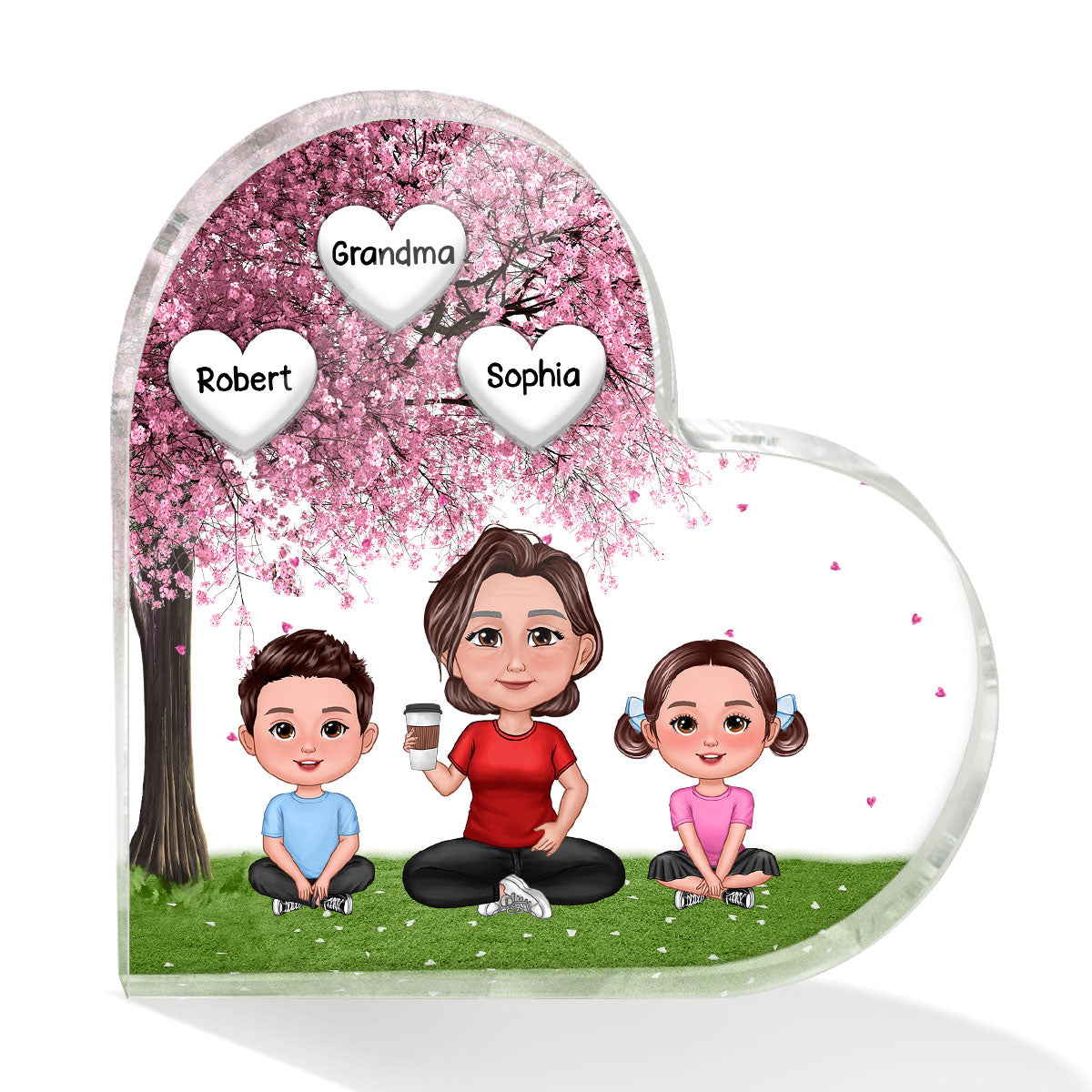 Pretty Doll Grandma Grandkids Under Blossom Tree Personalized Acrylic Heart Plaque