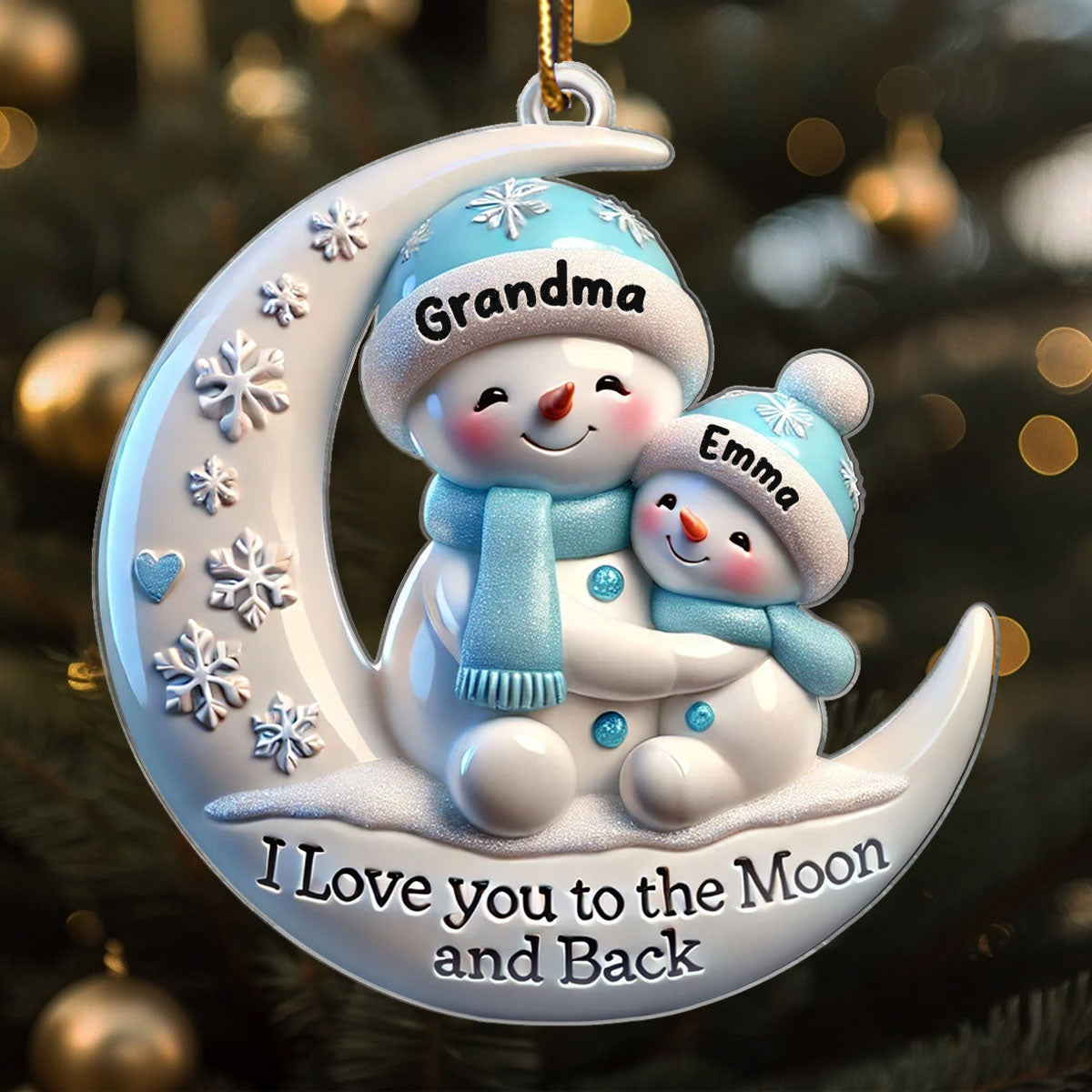 3D Effect Cute Snowmen Grandma & Hugging Grandkid On The Moon Personalized Acrylic Ornament, Christmas Gift For Granddaughter, Grandson