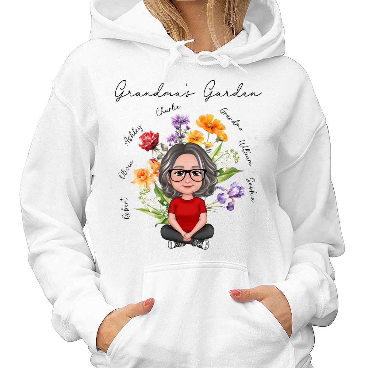 Grandma‘s Garden Crossed Legs Woman Grandkids Beautiful Birth Flower Personalized Shirt