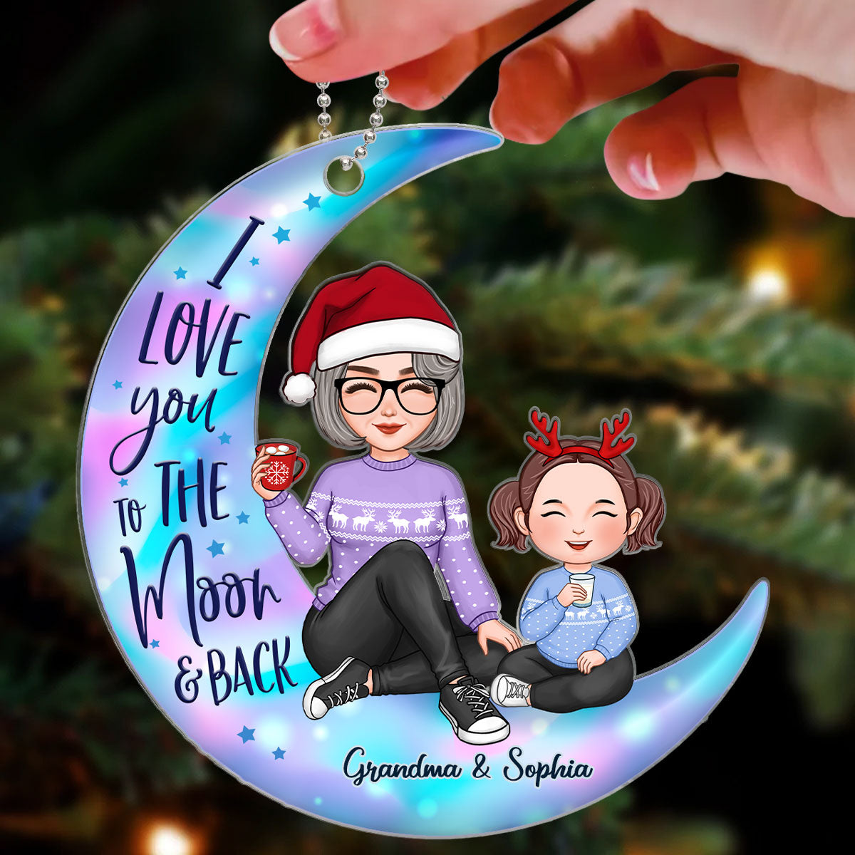 Colorful Cute Grandma & Grandkid On Moon Christmas Gift For Granddaughter Grandson Personalized Acrylic Ornament