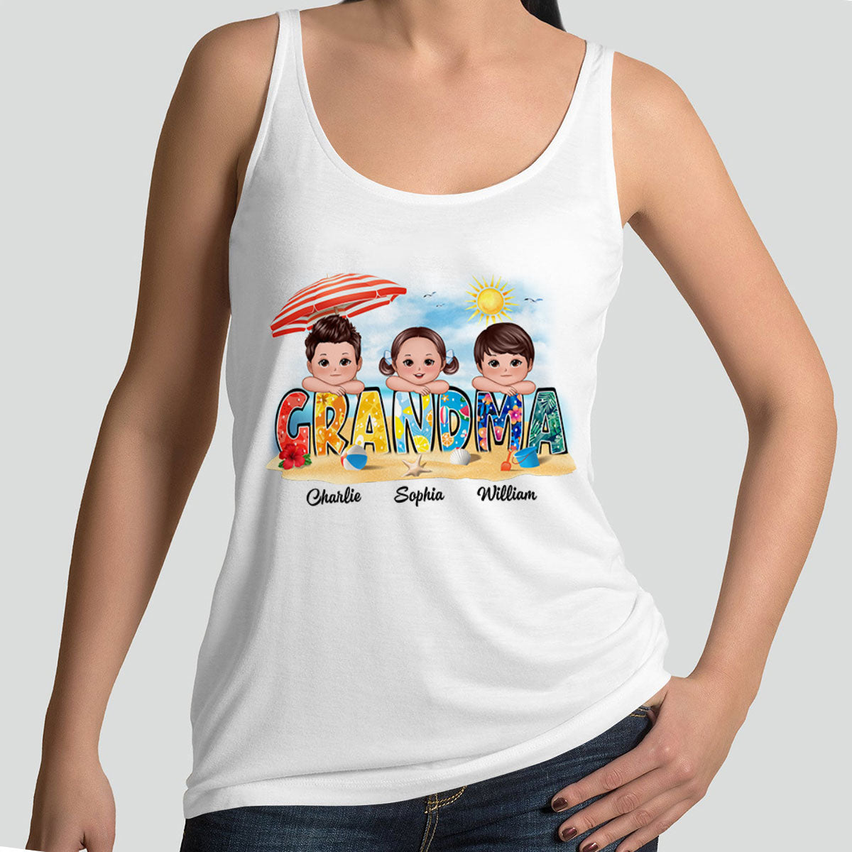 Summer Pattern Grandma Mom Auntie Doll Kids On Hand Personalized Tank Top Shirt