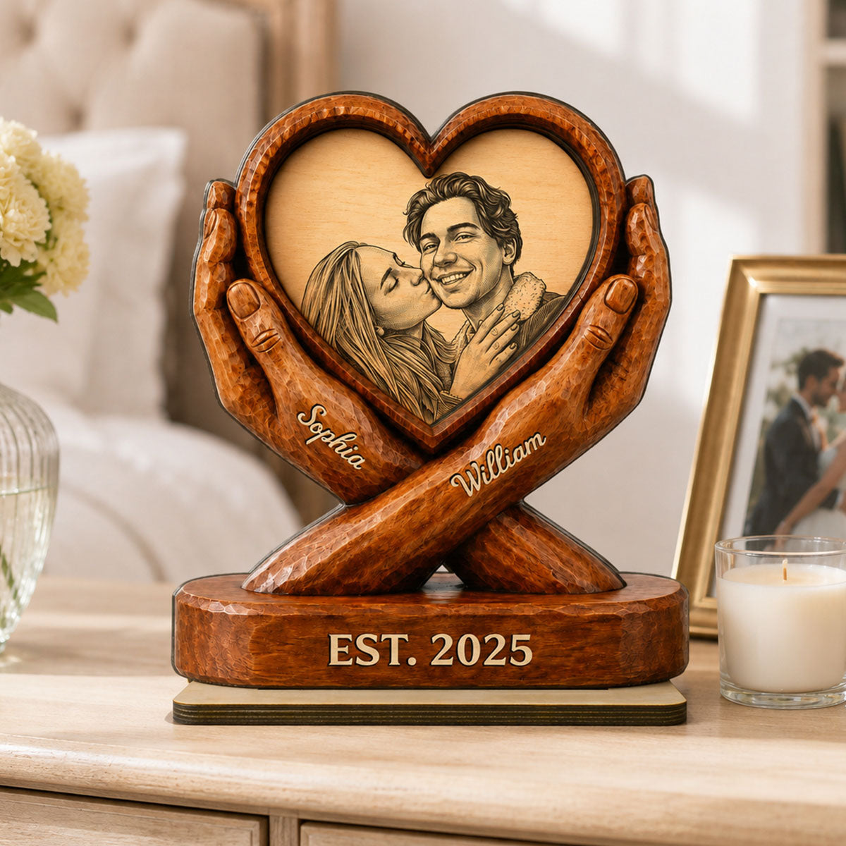 Custom Couple Photo Sketch Style Forever Love - Personalized 2-Layered Wooden Plaque - Anniversary Gift For Couple, For Him, For Her