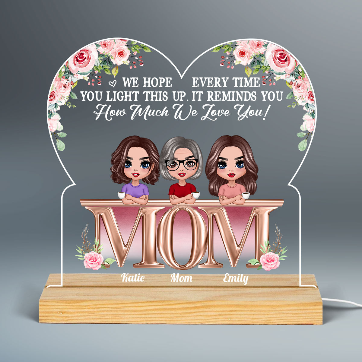 Mother Daughter On Flower Text Personalized Acrylic Custom Shape LED Night Light