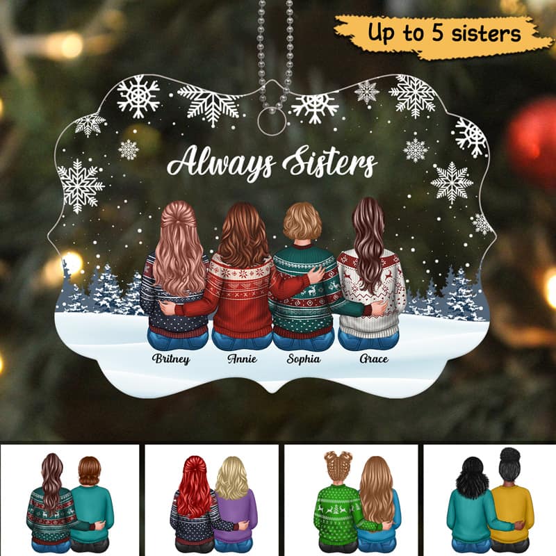Sisters Siblings Snow Background Personalized Acrylic Ornament