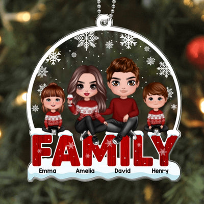 Doll Family Sitting On Text Snow Background Personalized Acrylic Ornament