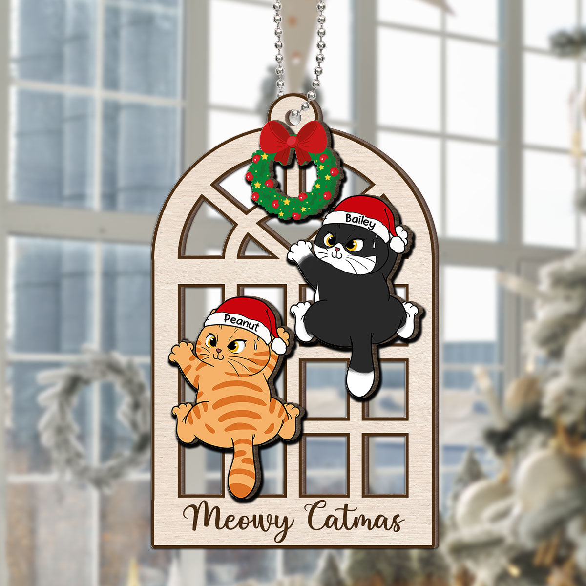 Meowy Catmas Cats Climb Window Personalized 2-Layer Wooden Ornament