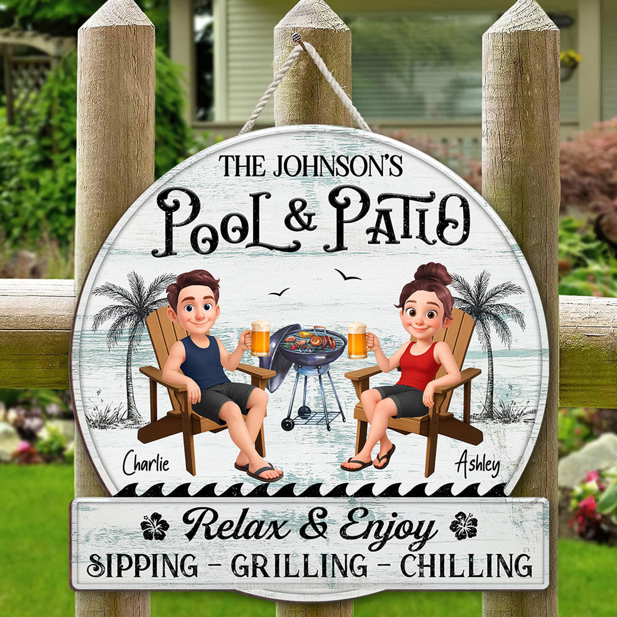 Cute Cartoon Couple Family Pool & Patio Retro Vintage Personalized Wood Sign
