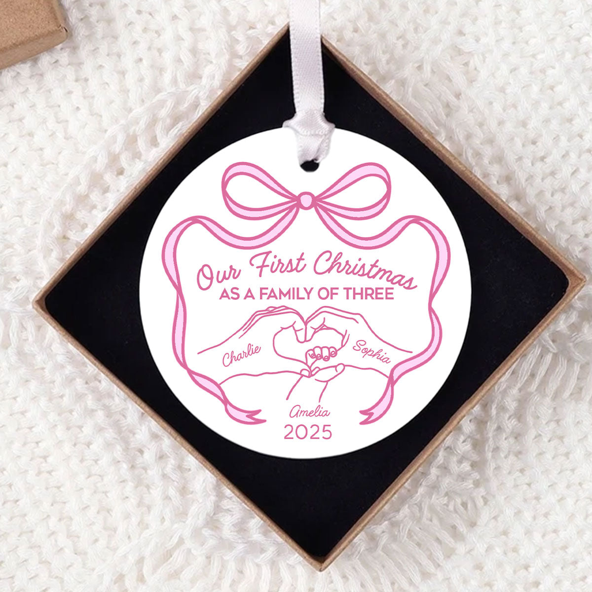 Family Heart Hand First Christmas As Family Of Three Christmas Personalized Ceramic Ornament