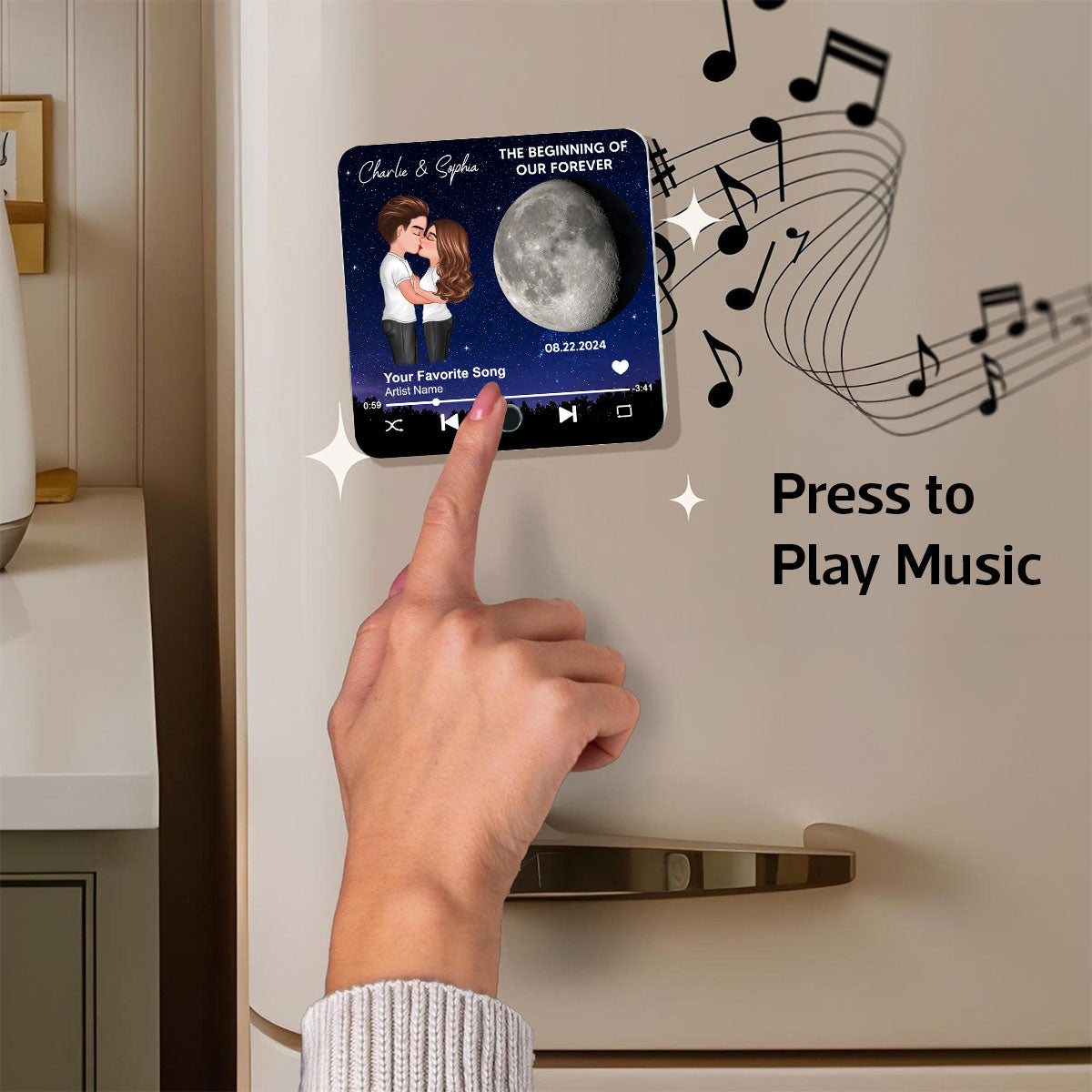 Couple Hugging Kissing Custom Moon Phases The Day We Met Personalized Music Fridge Magnet, Heartfelt Gift For Couple, For Him, For Her, Boyfriend, Girlfriend, Husband, Wife