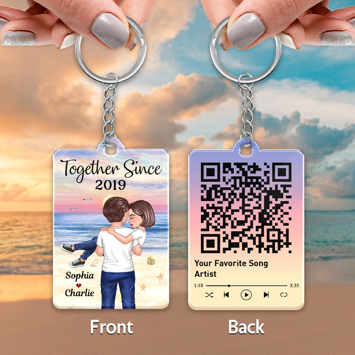 Couple Holding Embracing On Beach Favorite Song QR Code Personalized Acrylic Keychain