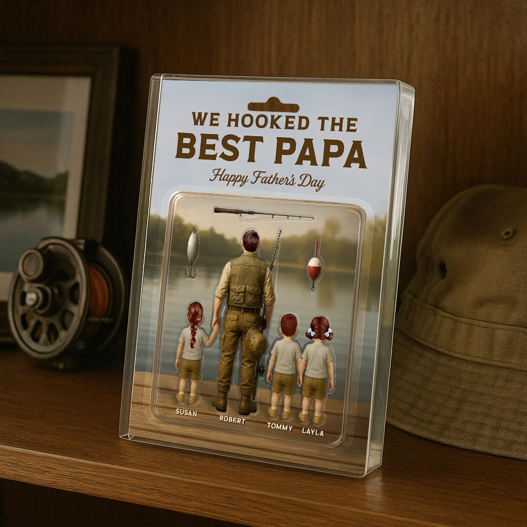 Dad And Kids Fishing Together Custom Figure Personalized Acrylic Block Plaque, Father's Day Gift For Fishing Dad, For Grandpa, For Husband