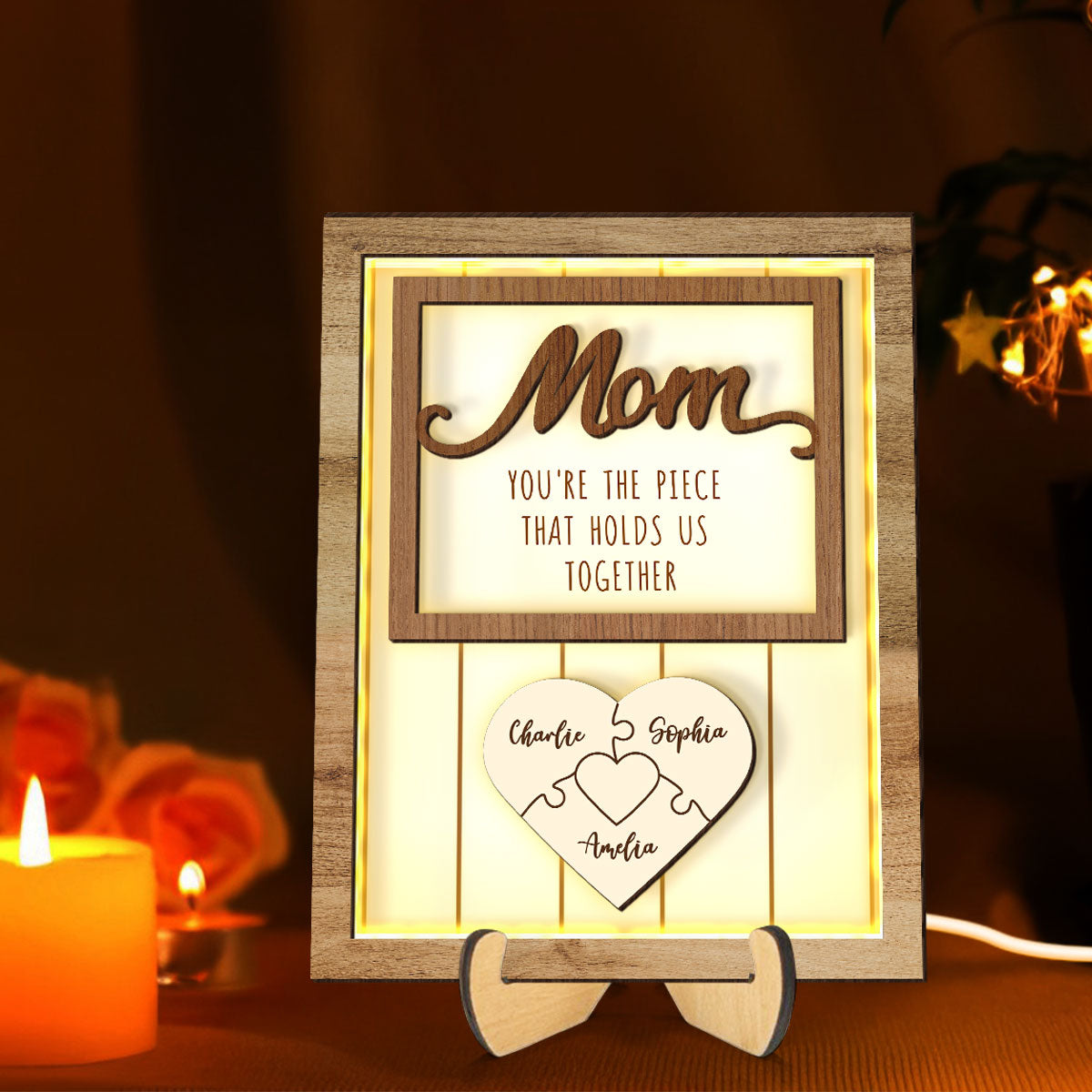 Mom You're The Piece that Holds Us Together Personalized 2-Layered Wooden Plaque with LED, Heartfelt Gift for Mom, Grandma