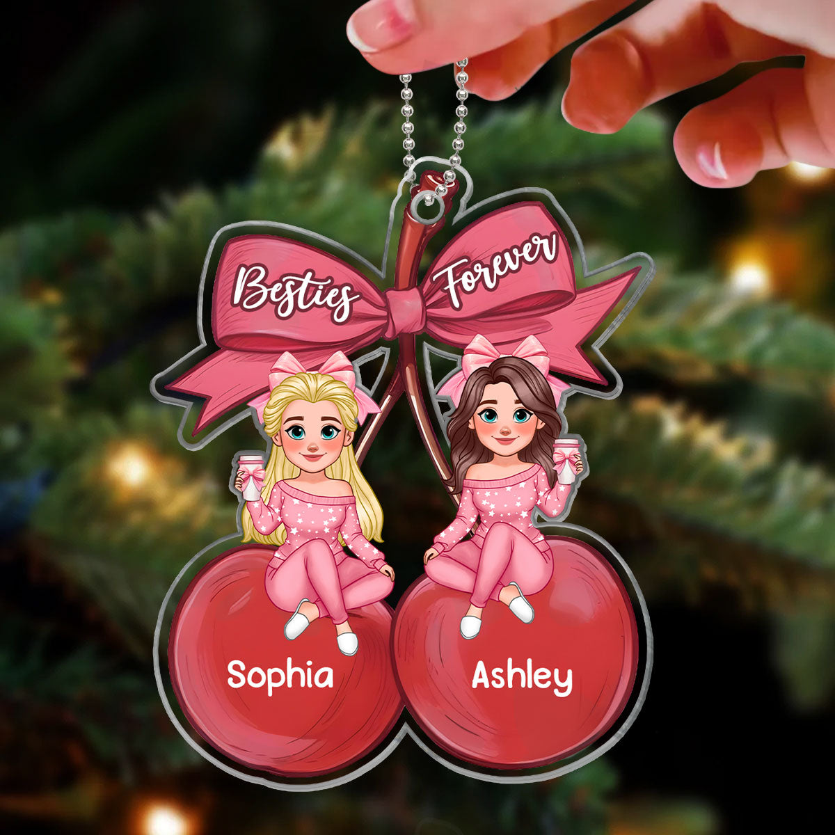 Besties Sitting On Pink Coquette Cherry Bow Personalized Acrylic Ornament, Christmas Gift For Best Friends