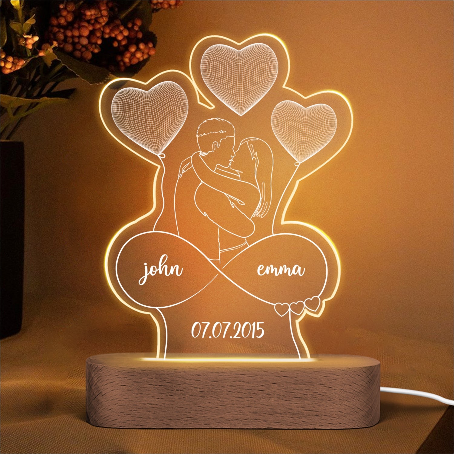 Couple Kissing Outline Personalized 3D Printed Lamp, LED Night Light, Acrylic LED Lamp, Valentine‘s Day Gift For Him, For Her