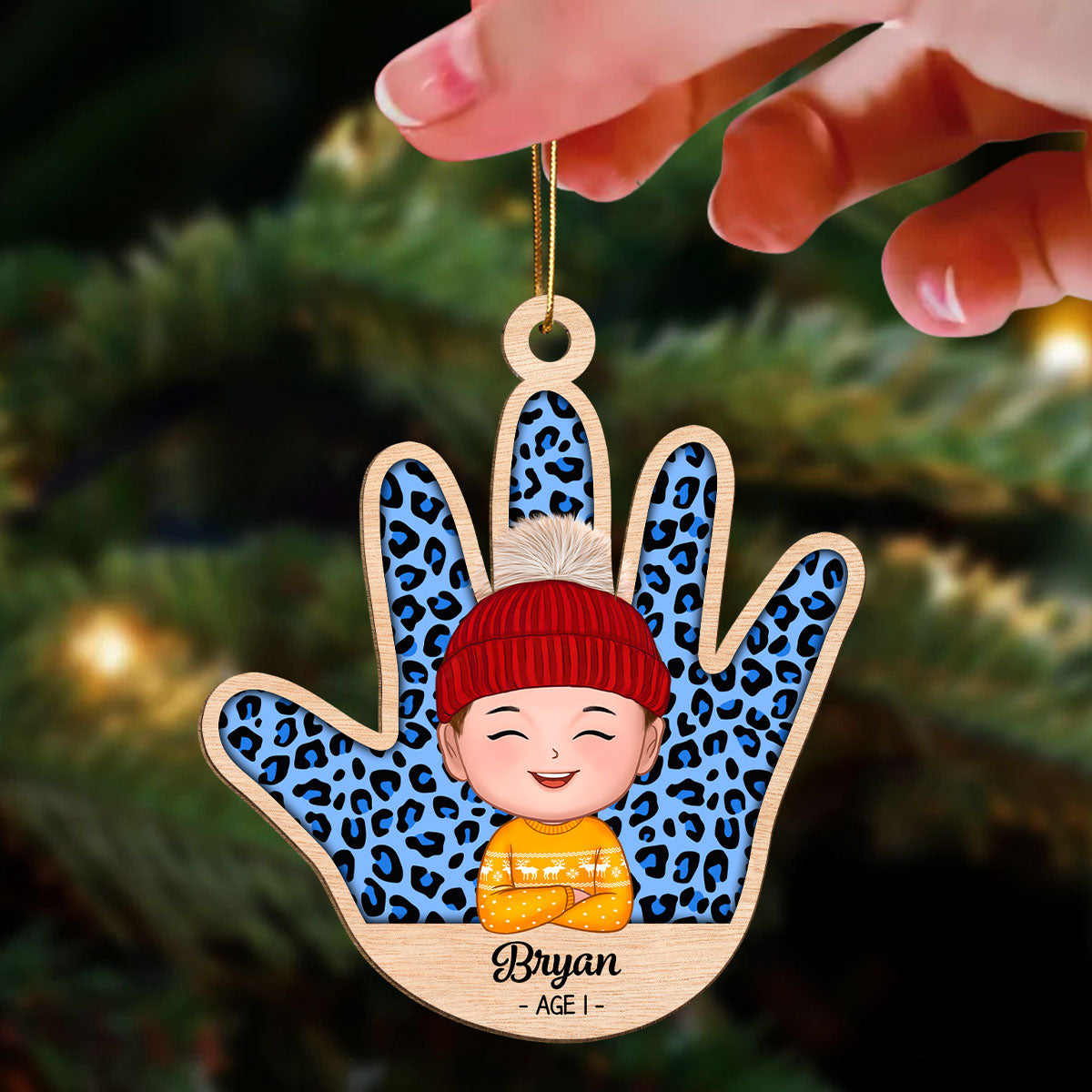 Kid Handprint Colorful Checkered Personalized Wooden Ornament