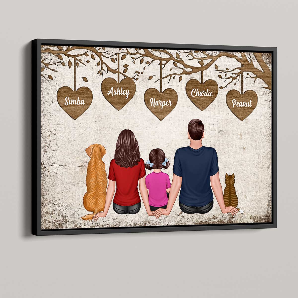 The Whole Family Couple Dad Mom Kids Dogs Cats Sitting Under Heart Tree Personalized Horizontal Poster