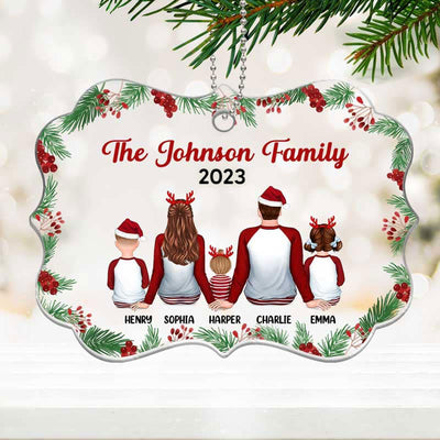 Holly Branch Pajamas Family Sitting Personalized Acrylic Ornament