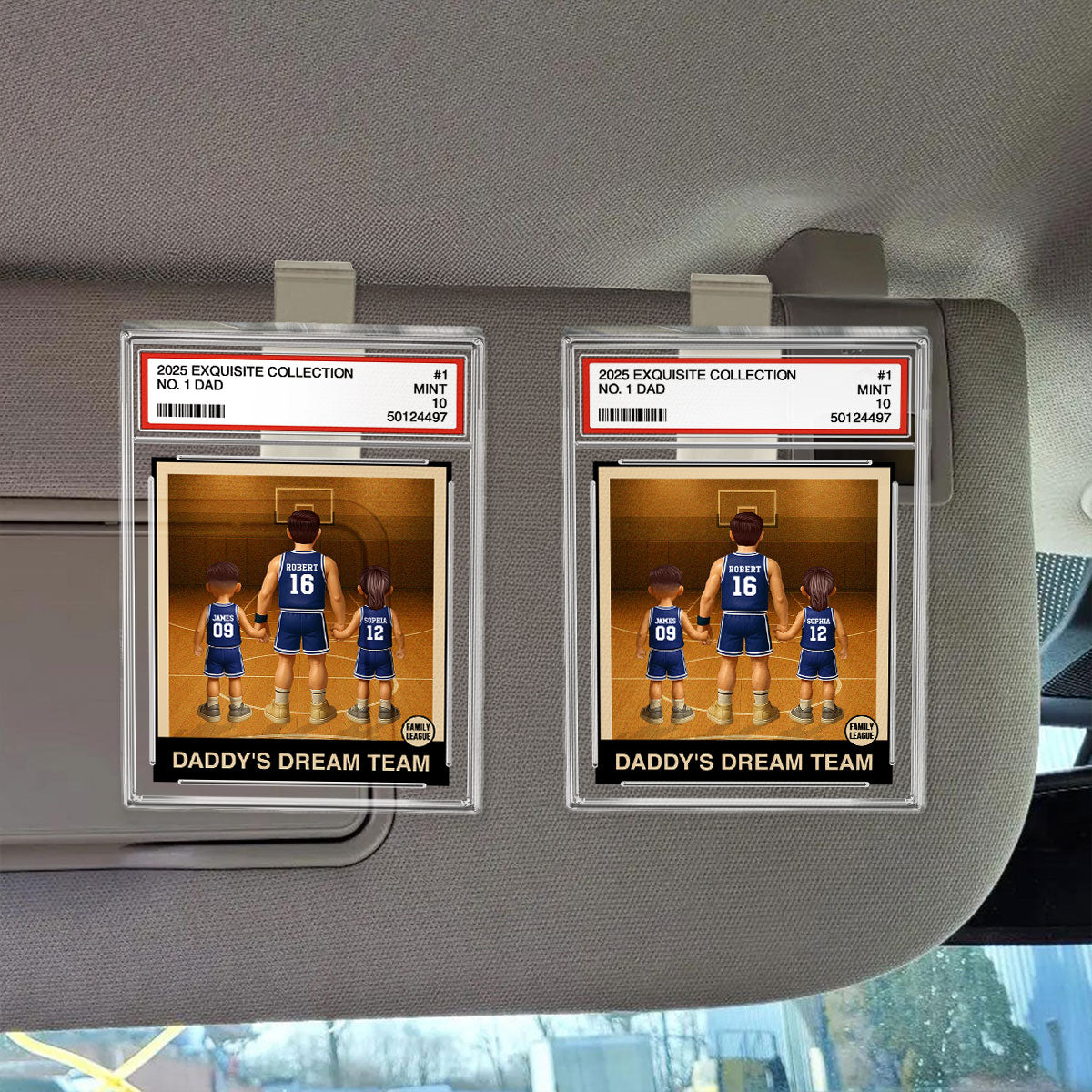 Basketball No. 1 Dad Man & Kids Trading Card Style Personalized Acrylic Car Visor Clip