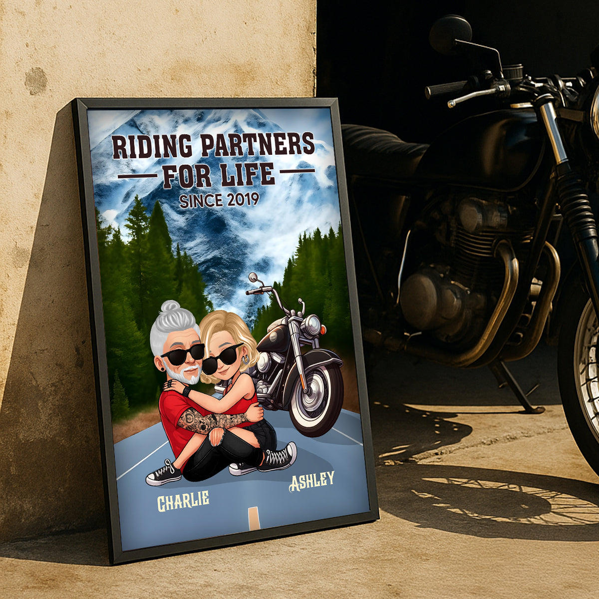 Old Biker Couple Riding Partners for Life Personalized Poster, Gift for him, Gift for her