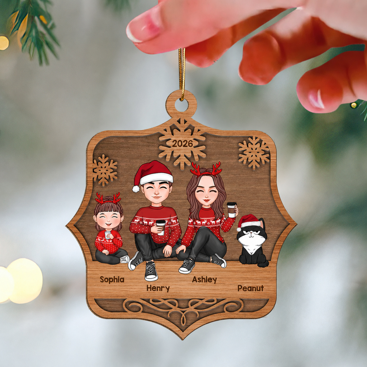 Cute Family Sitting Family Name Personalized Wooden Ornament